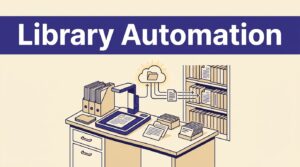 A digitization desk connects scanned files and metadata to organized library shelves.