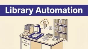 A digitization desk connects scanned files and metadata to organized library shelves.
