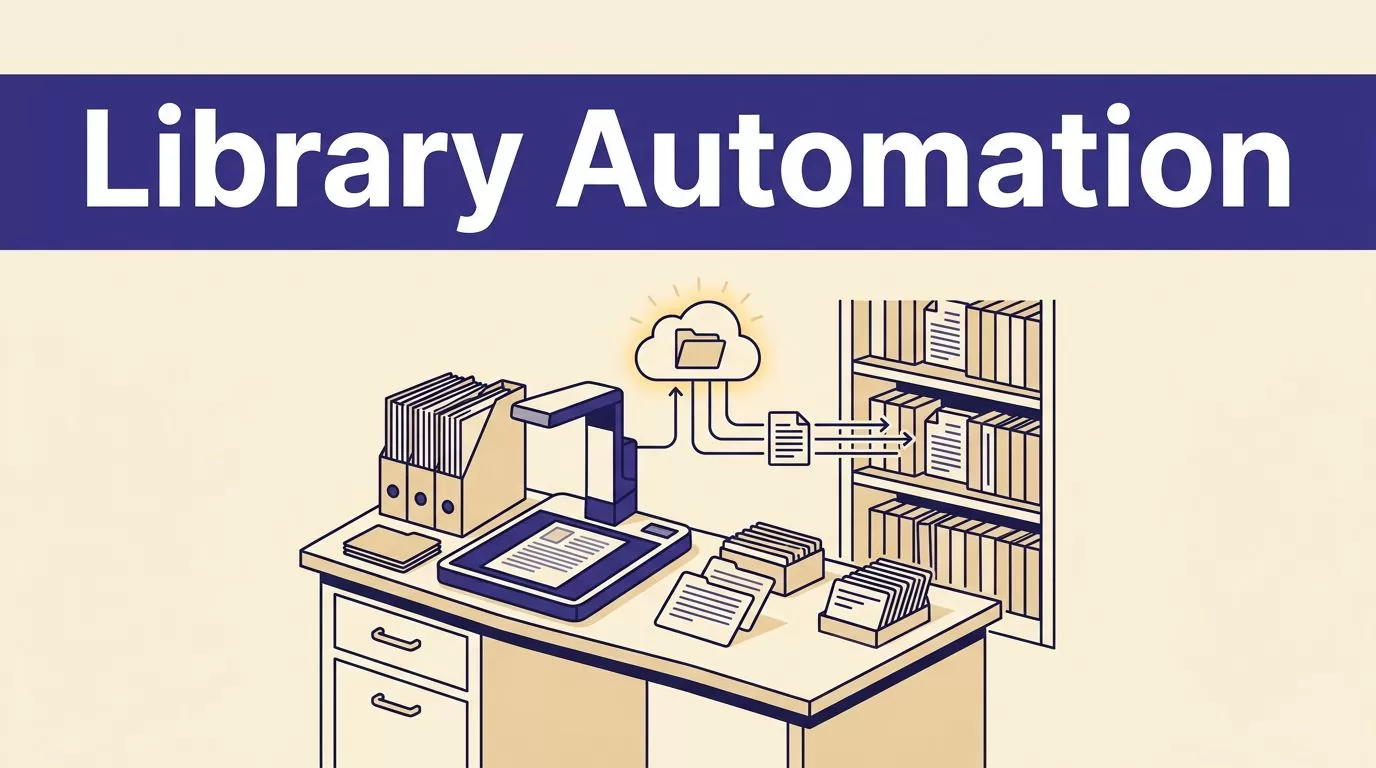 A digitization desk connects scanned files and metadata to organized library shelves.