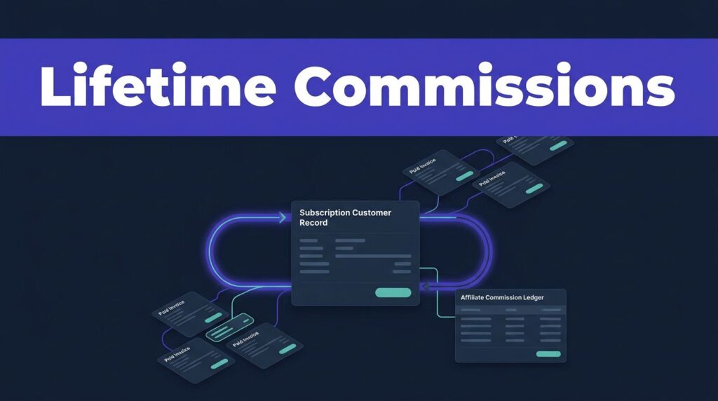 A SaaS dashboard showing recurring invoices linked to an affiliate commission ledger.