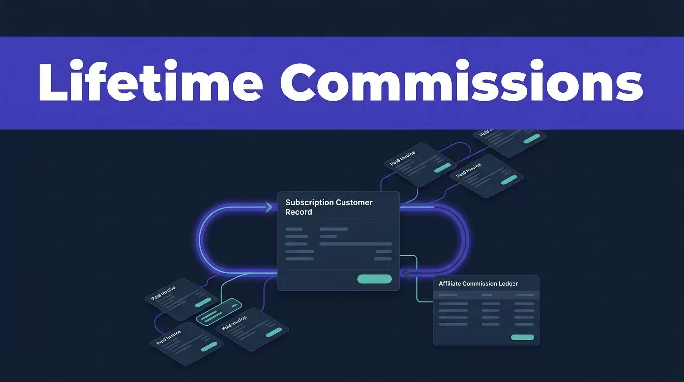 A SaaS dashboard showing recurring invoices linked to an affiliate commission ledger.