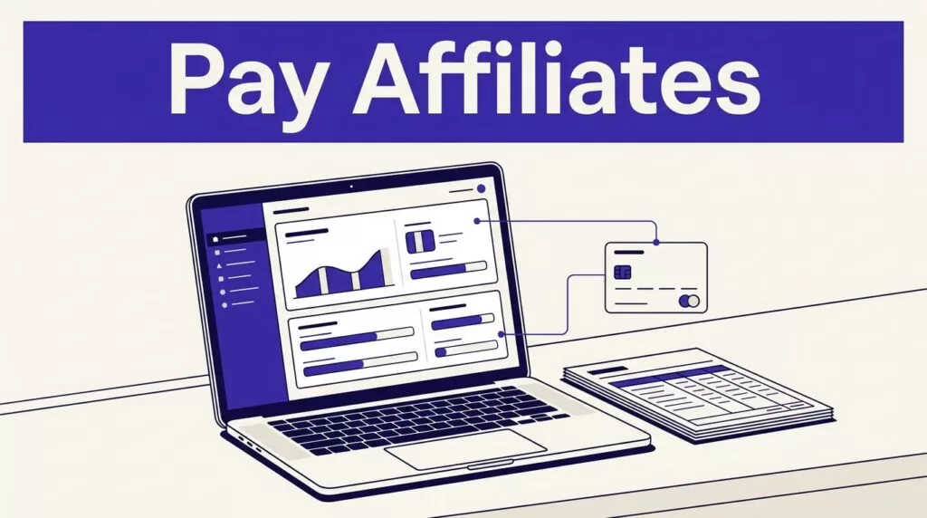 Desk with a payout dashboard, ledger, and secure payment card beneath a Pay Affiliates banner.