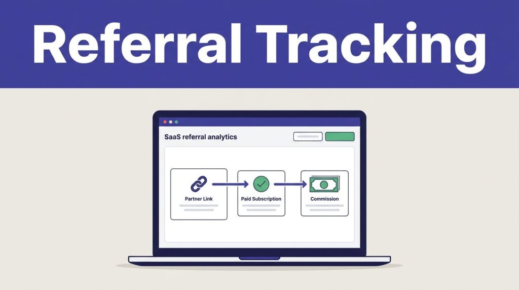 Laptop showing a referral dashboard beneath a bold Referral Tracking headline.