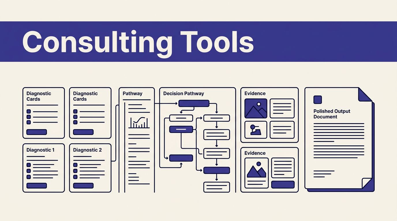 A consulting dashboard shows diagnostic cards, decision paths, evidence panels, and a report.