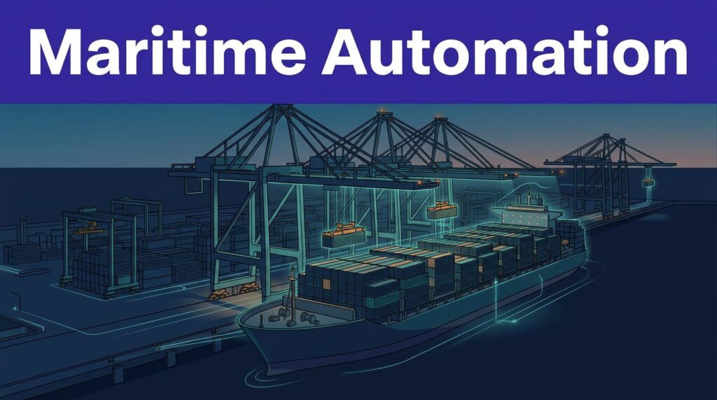 A container ship and gantry cranes operate at a dusk shipping terminal.