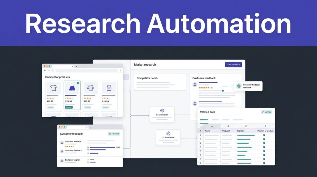 Dashboard showing competitor products, price comparisons, feedback signals, and spreadsheet data.