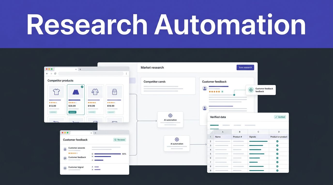 Dashboard showing competitor products, price comparisons, feedback signals, and spreadsheet data.