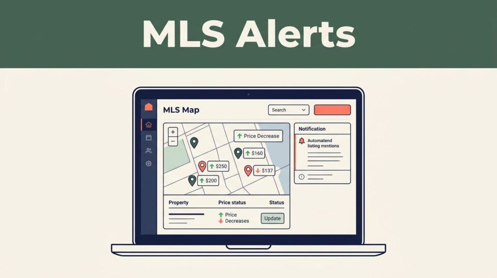 Laptop showing an MLS map, property pins, price changes, and listing notifications.
