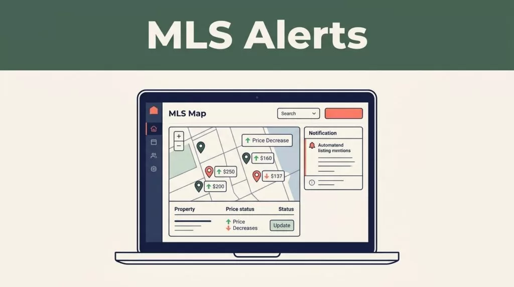 Laptop showing an MLS map, property pins, price changes, and listing notifications.