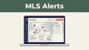 Laptop showing an MLS map, property pins, price changes, and listing notifications.