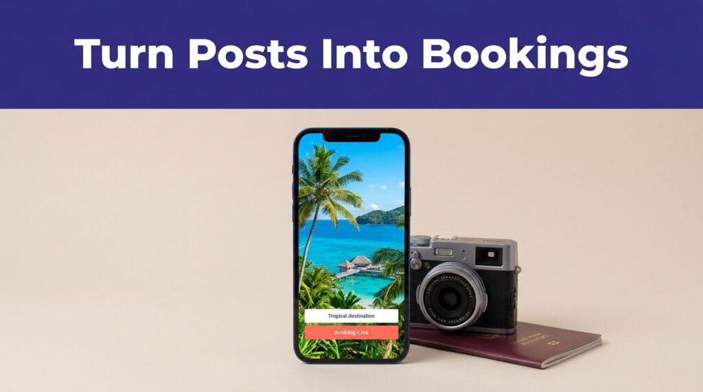 A smartphone showing a tropical destination sits beside a camera and passport.