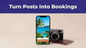 A smartphone showing a tropical destination sits beside a camera and passport.