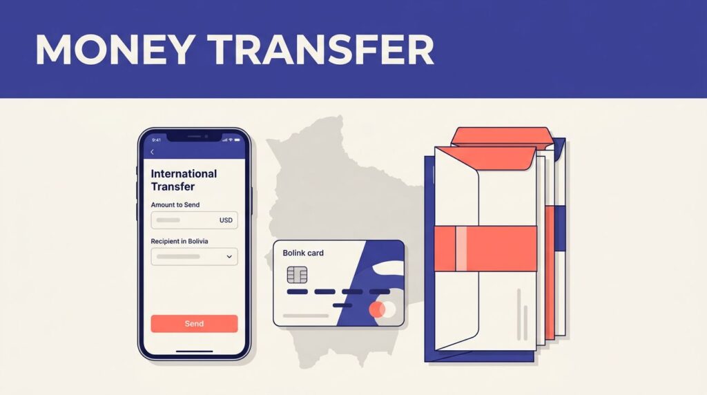 A phone showing a money transfer screen beside a Bolivian bank card and envelopes.