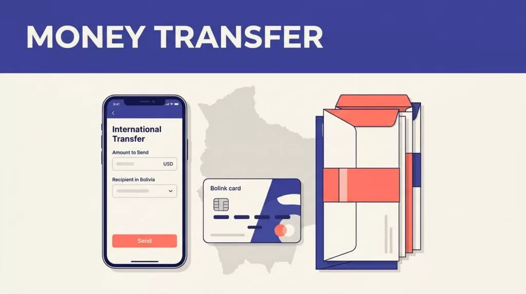 A phone showing a money transfer screen beside a Bolivian bank card and envelopes.