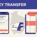 A phone showing a money transfer screen beside a Bolivian bank card and envelopes.