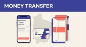 A phone showing a money transfer screen beside a Bolivian bank card and envelopes.