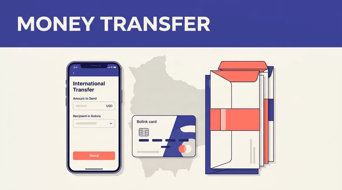 A phone showing a money transfer screen beside a Bolivian bank card and envelopes.