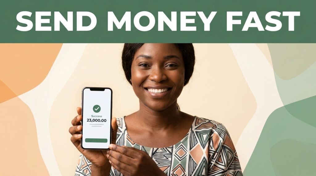 Smiling Ivorian woman holding a phone with a money-transfer confirmation.