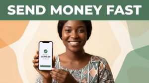 Smiling Ivorian woman holding a phone with a money-transfer confirmation.