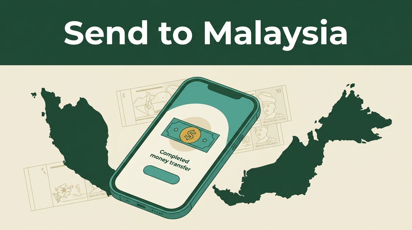Smartphone showing a completed transfer beside a Malaysian map and ringgit notes.