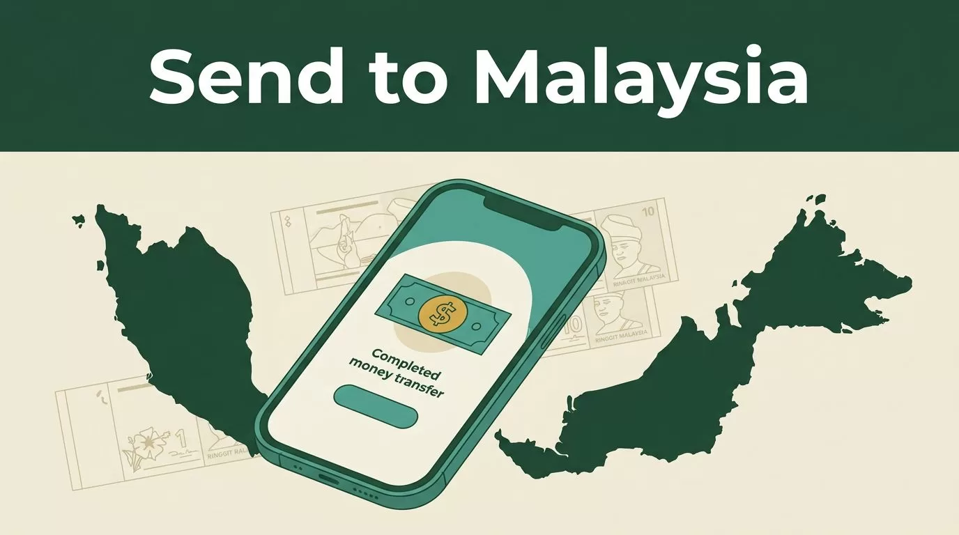 Smartphone showing a completed transfer beside a Malaysian map and ringgit notes.