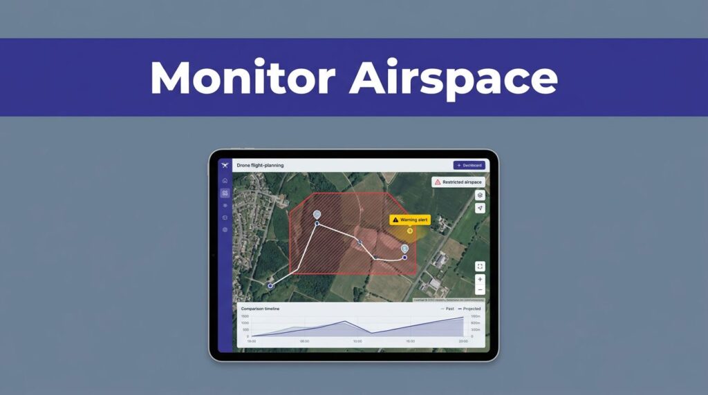Tablet showing a drone map with a restricted zone and route alert.