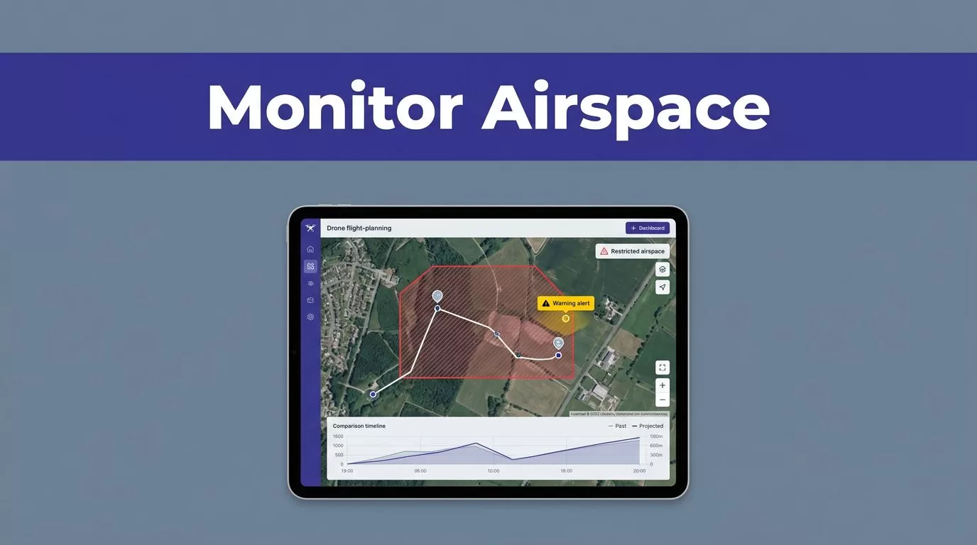 Tablet showing a drone map with a restricted zone and route alert.