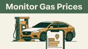 Illustration of a car, fuel pump, and phone showing gas prices.