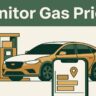 Illustration of a car, fuel pump, and phone showing gas prices.
