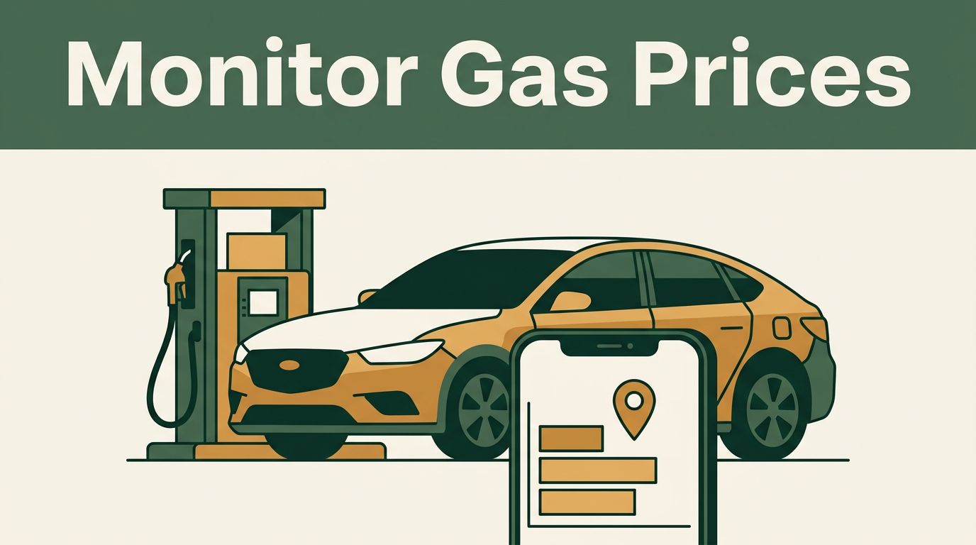 Illustration of a car, fuel pump, and phone showing gas prices.