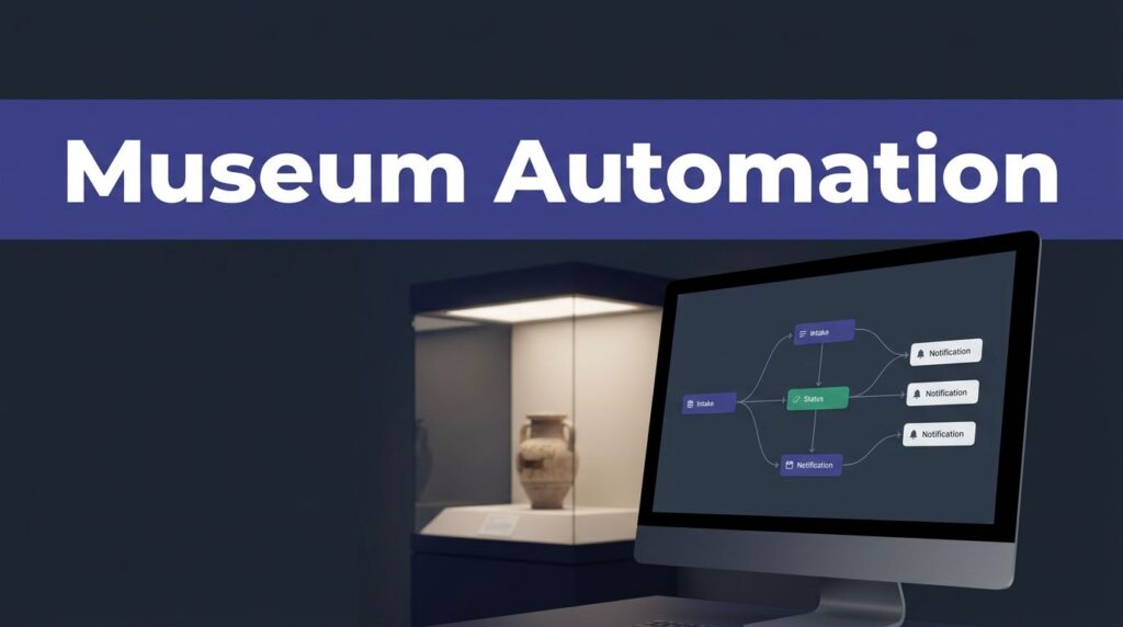 An artifact case and monitor with connected workflow nodes sit beneath an indigo Museum Automation banner.