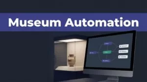 An artifact case and monitor with connected workflow nodes sit beneath an indigo Museum Automation banner.