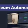 An artifact case and monitor with connected workflow nodes sit beneath an indigo Museum Automation banner.