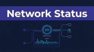 Network dashboard showing a healthy central node, latency line, and connected endpoints.