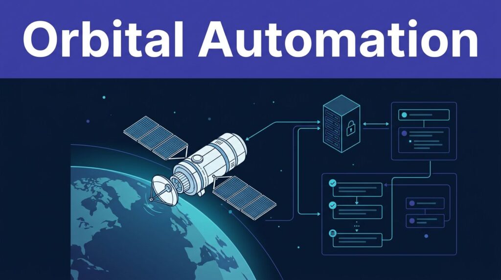 Satellite orbiting Earth with glowing data paths linked to servers and workflow panels.
