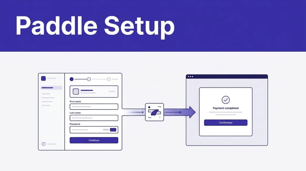 A Paddle setup screen showing a referral token moving through checkout to payment confirmation.