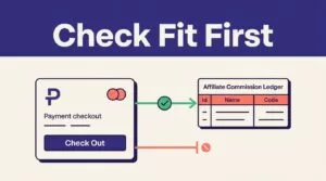 Checkout card connected to an affiliate ledger by a green path, with another route ending at a red stop mark.