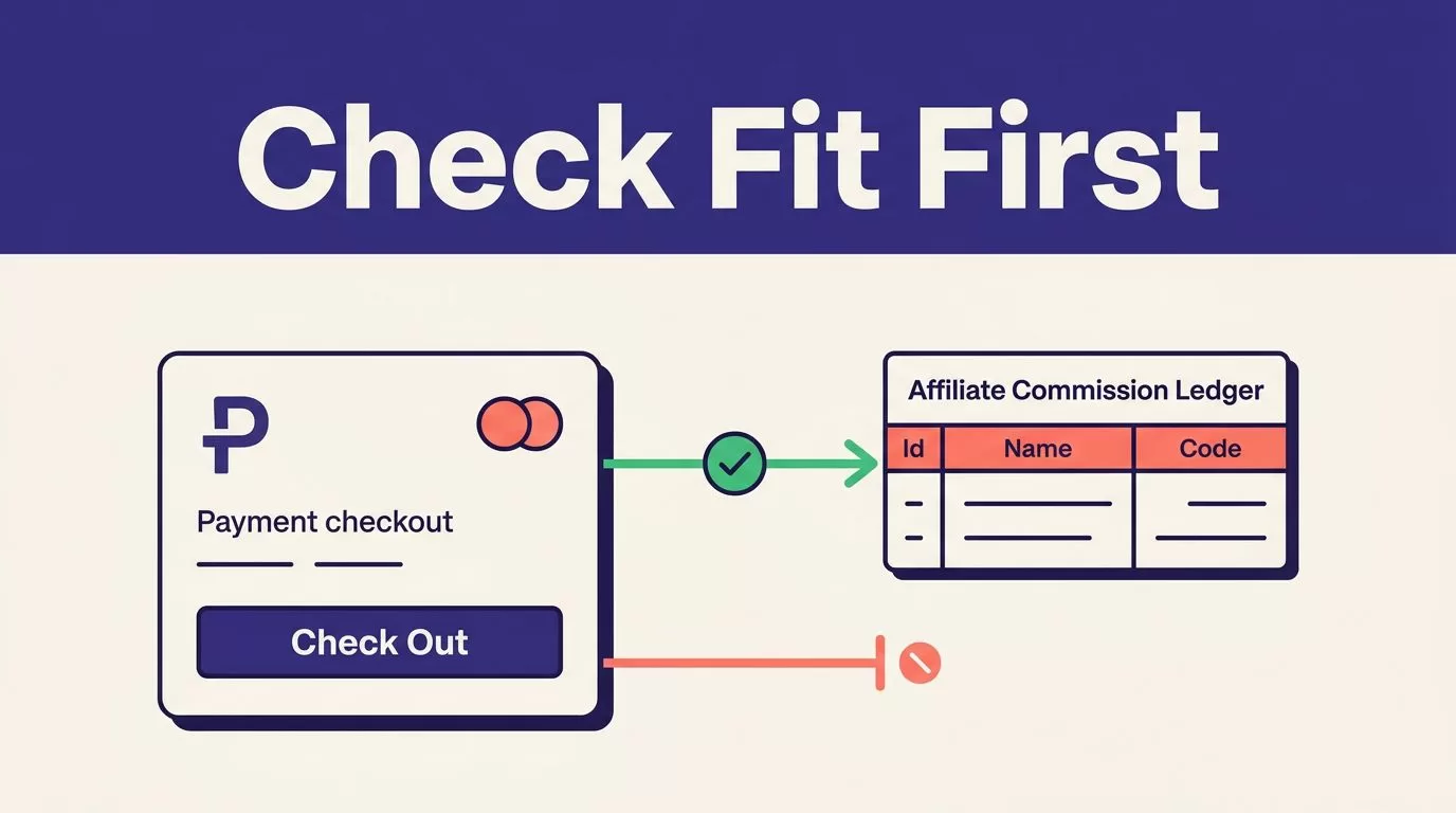Checkout card connected to an affiliate ledger by a green path, with another route ending at a red stop mark.