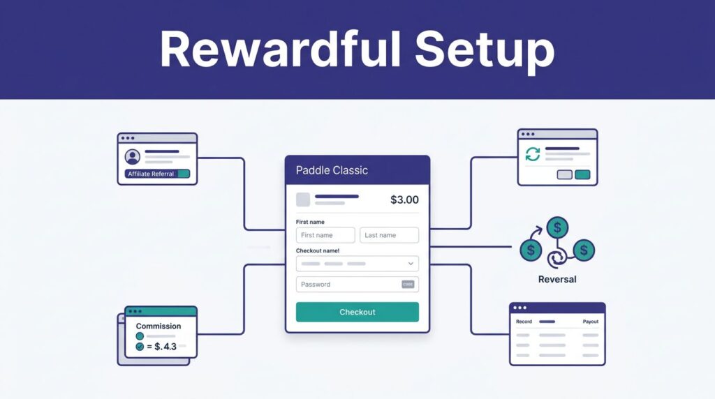 A payment dashboard shows Rewardful Setup, checkout, referrals, commissions, reversals, and payouts.