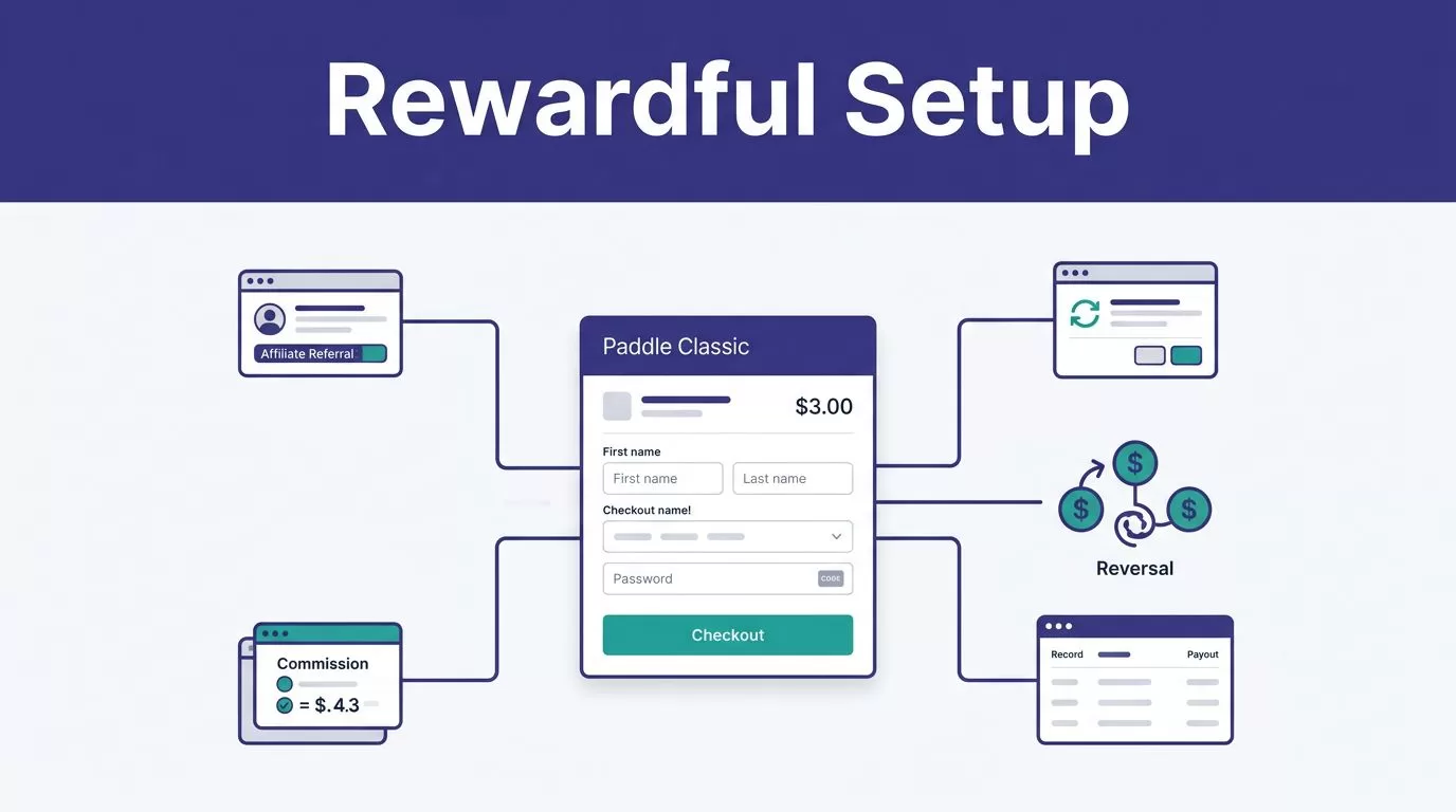 A payment dashboard shows Rewardful Setup, checkout, referrals, commissions, reversals, and payouts.