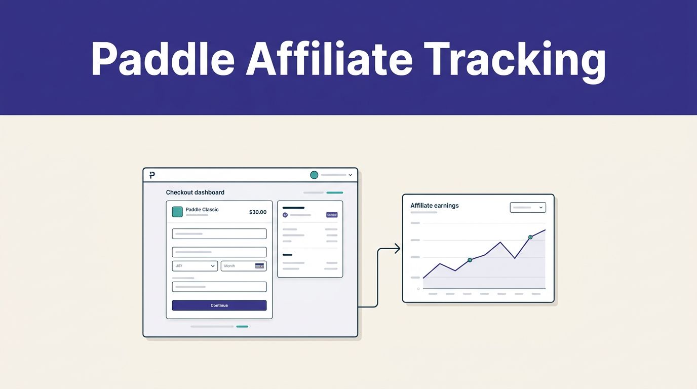 A Paddle checkout dashboard connects to an affiliate earnings chart with a referral path.