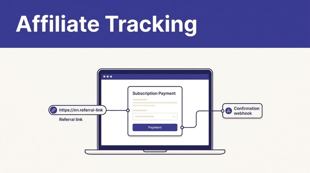 Laptop showing a referral link connecting checkout, payment, and webhook panels.