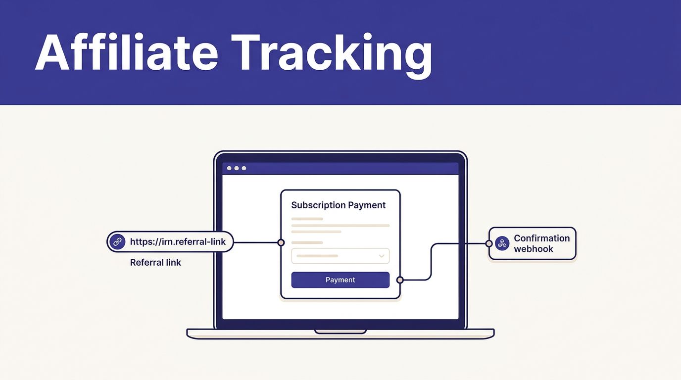 Laptop showing a referral link connecting checkout, payment, and webhook panels.