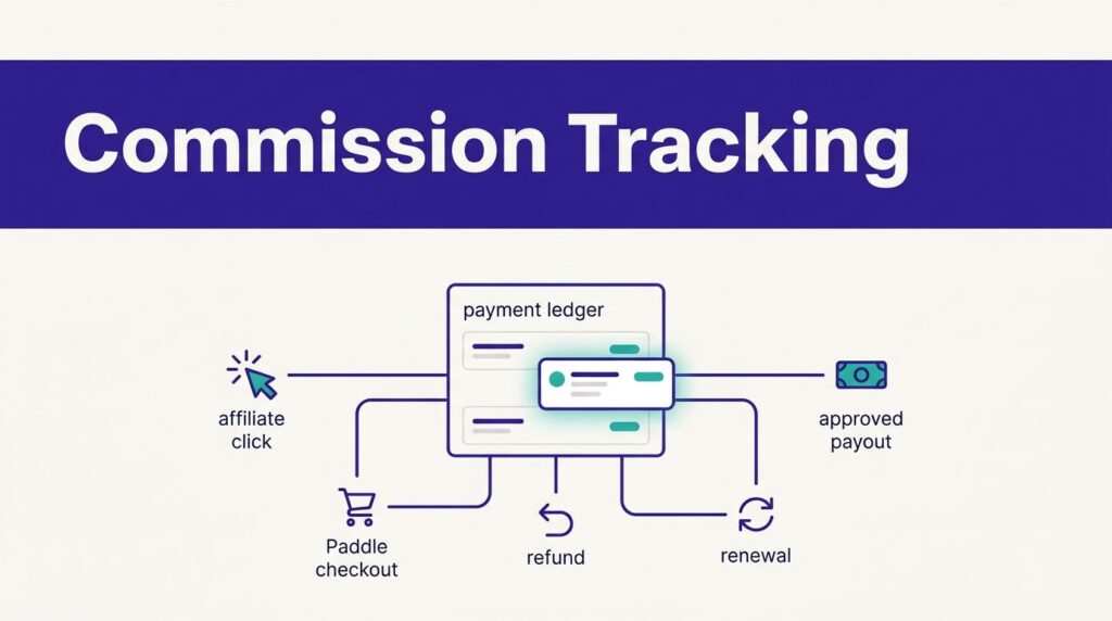 A payment ledger links affiliate clicks, checkout, refunds, renewals, and payouts.