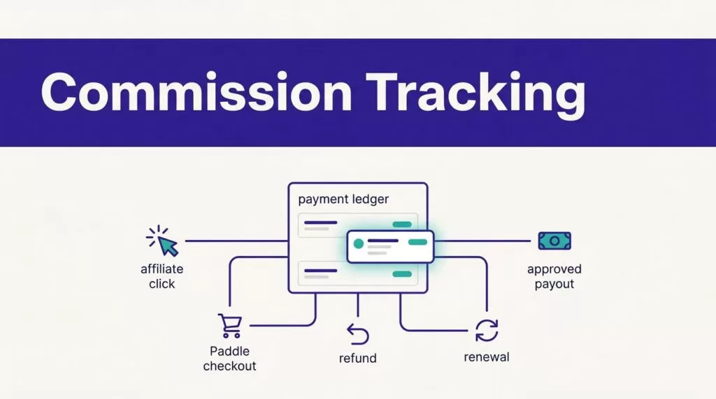 A payment ledger links affiliate clicks, checkout, refunds, renewals, and payouts.