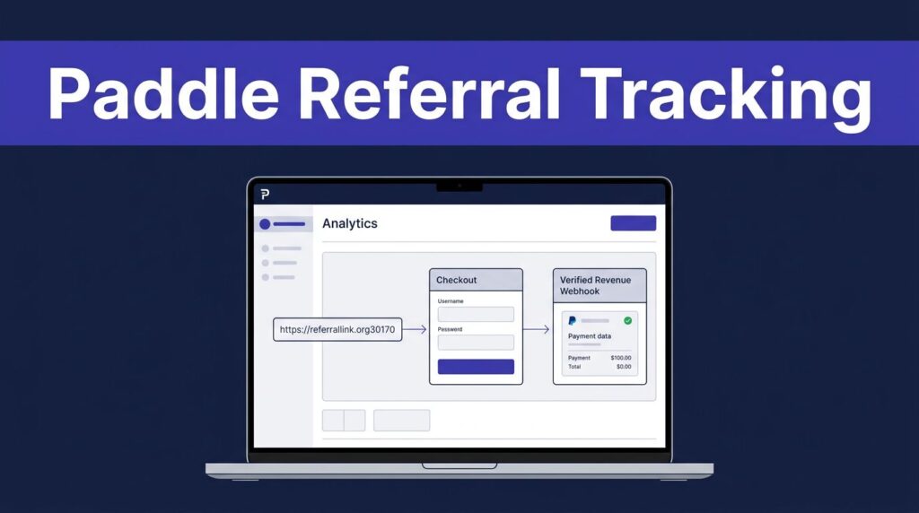 Laptop dashboard showing referral links, checkout activity, and verified revenue data.