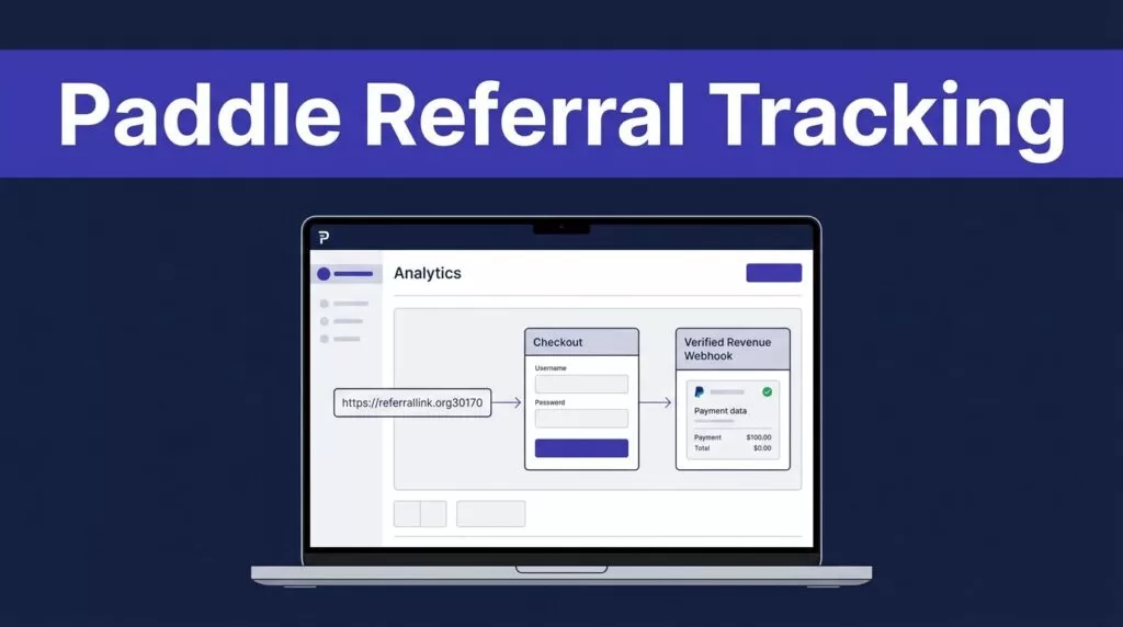 Laptop dashboard showing referral links, checkout activity, and verified revenue data.