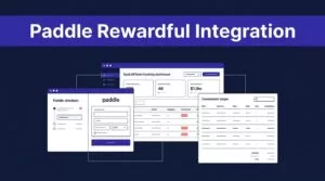 A SaaS dashboard connects a Paddle checkout flow to a commission ledger.