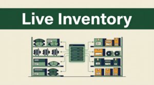 Automotive parts shelves connect to a glowing inventory database beneath a Live Inventory heading.
