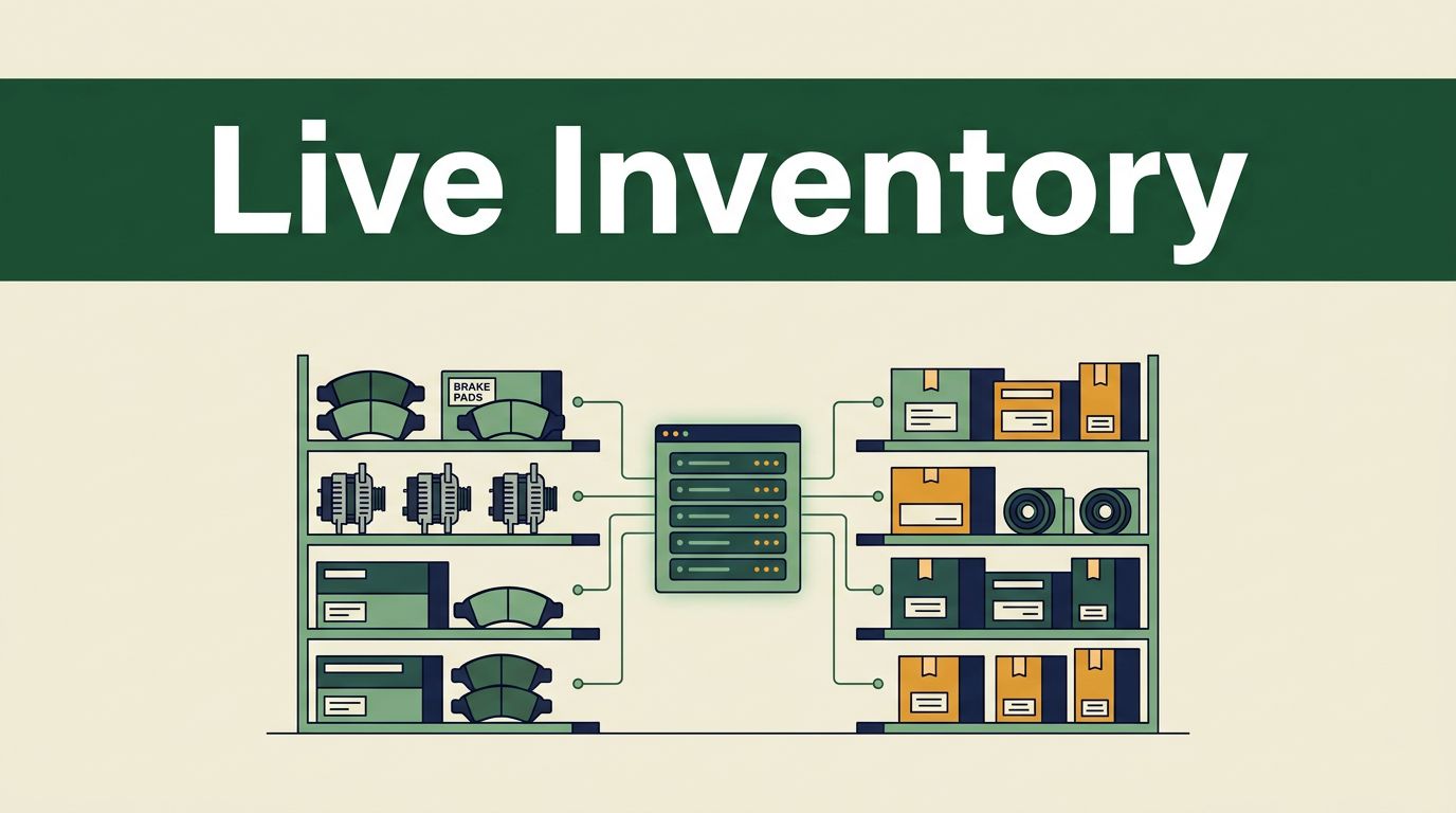 Automotive parts shelves connect to a glowing inventory database beneath a Live Inventory heading.